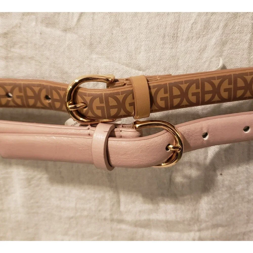 Gianni Bernini Set of 2 Skinny Belts Pink Logo Goldtone Buckle 2X EUC